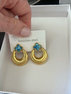Gold and Turquoise Stainless Steel Crescent Drop Post Earrings, NEW